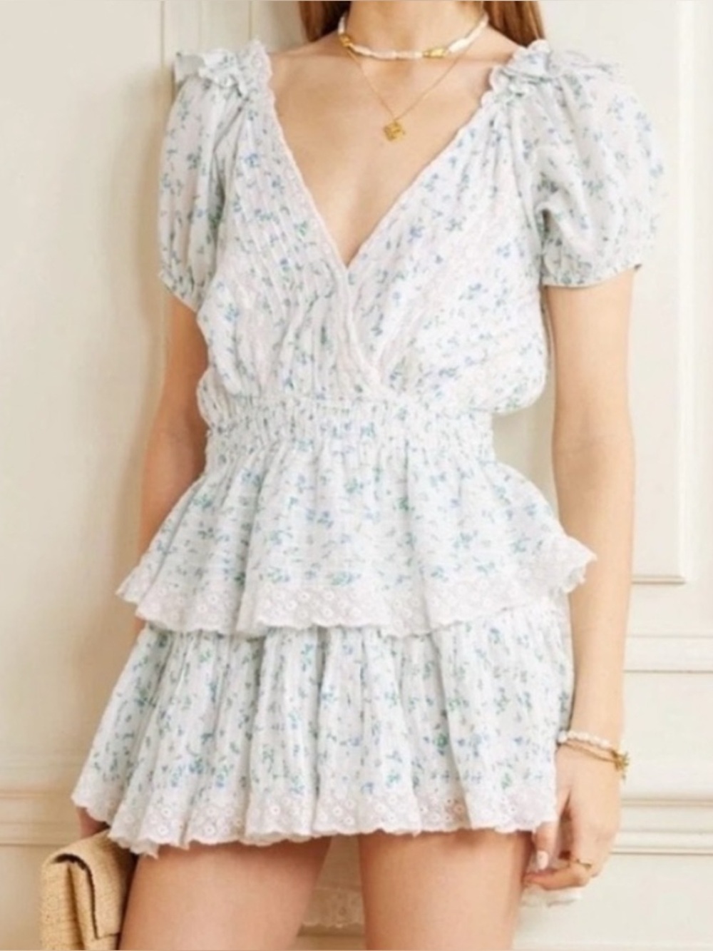 LoveShackFancy “Carlos” tiered lace trim floral print dress